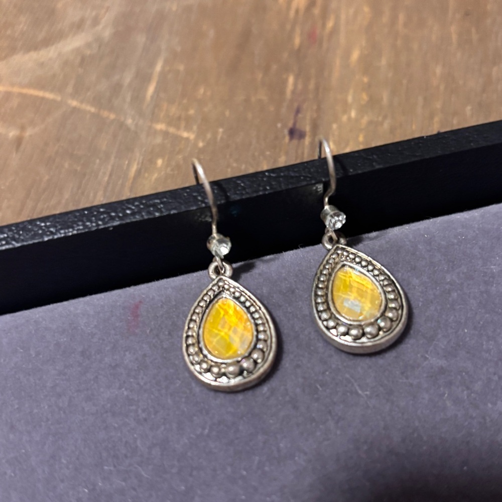 Avon Faux Citrine, Crystal & Silver Earrings - Golden Yellow - Teardrop